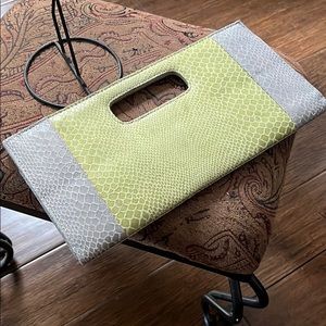 Slim two tone gray and lime faux snakeskin clutch.